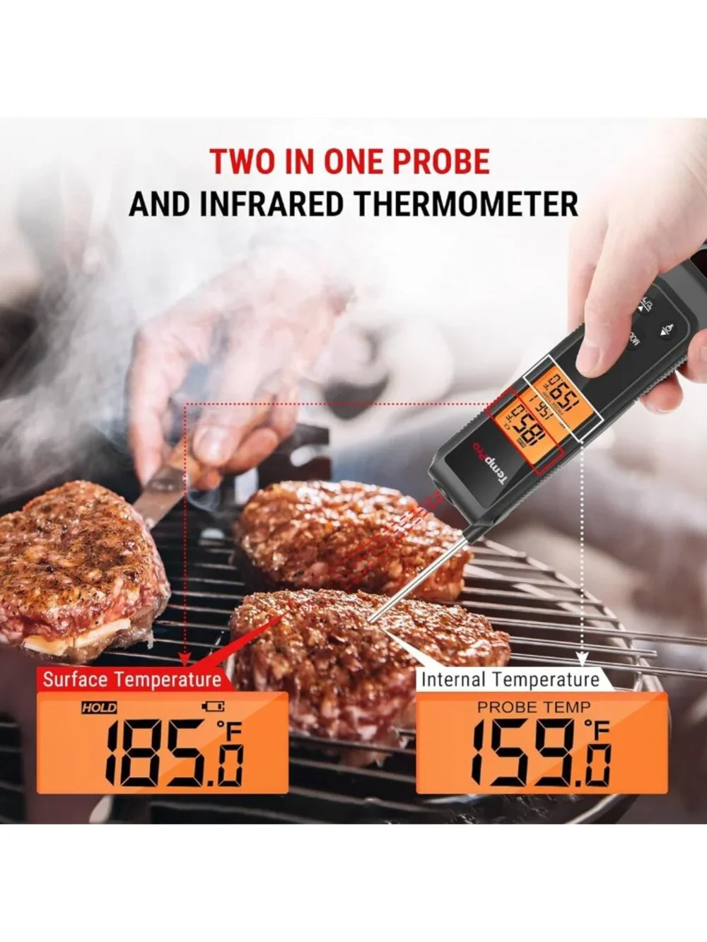 2-in-1 Instant Read Cooking Thermometer - Infrared & Meat Probe, Non-Contact